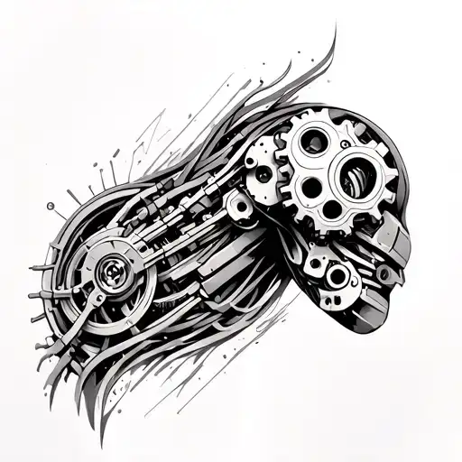 A bionic shoulder tattoo with gears, wires, hydraulics that goes 1/3 the way down the shoulder tattoo design idea