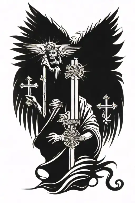 saint peter holding cross with wings oliv branches aggressive tattoo design idea