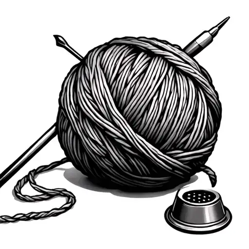 ball of wool and hooked end crochet needle and thimble tattoo design idea