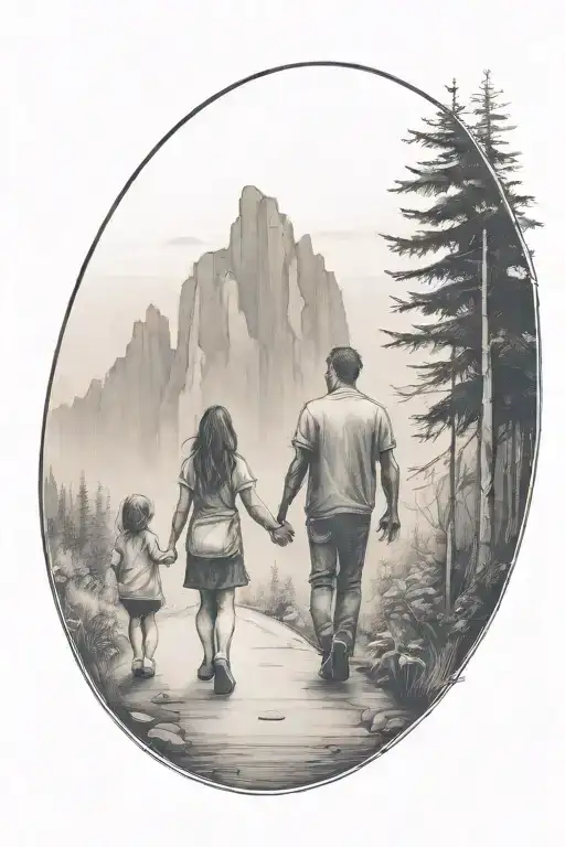 father in the middle holding hands with two small girls walking down the road with forest and cliffs in background tattoo design idea