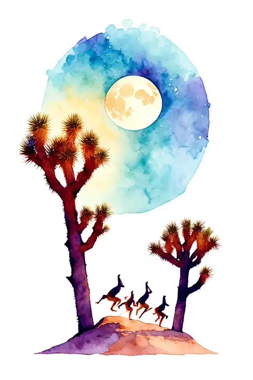 silhouette of a joshua tree with 3 road runners and a crescent moon tattoo design idea