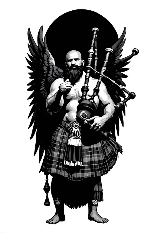 legless shirtless muscular bagpiper bald black beard playing bagpipes hoge black wings tattoo design idea