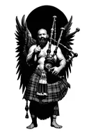 legless shirtless muscular bagpiper bald black beard playing bagpipes hoge black wings tattoo design idea