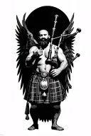 legless shirtless muscular bagpiper bald black beard playing bagpipes hoge black wings tattoo design idea