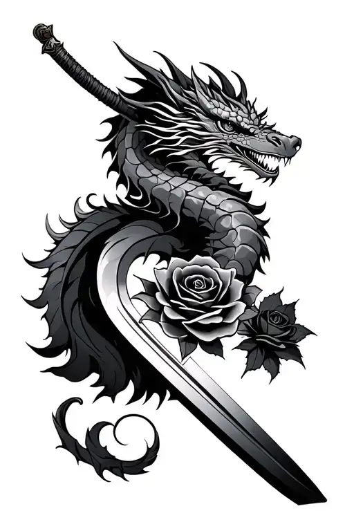 japanise dragon with a katana blade wrapped in a black rose intertwined tattoo design idea