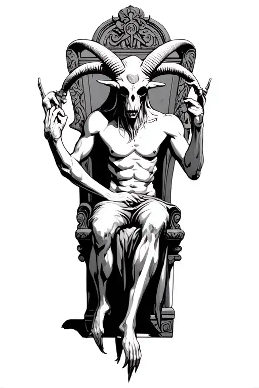 Stilisierter Baphomet sitting on a throne, solve coagula text, tattoo design idea