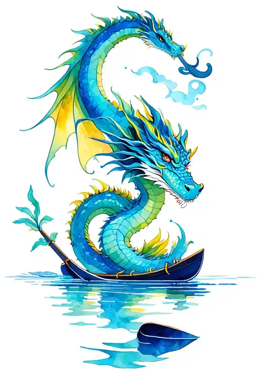 water dragon intertwined with a dragon boat paddle and with water tattoo design idea