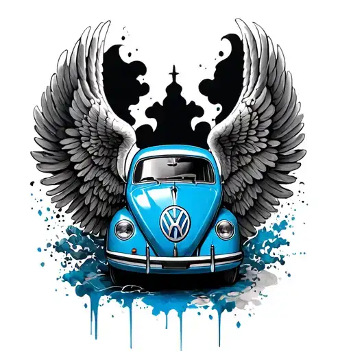 Volkswagon blue, angel wings surronding it tattoo design idea