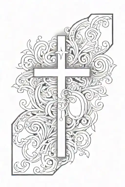 cross white scripture across the bottom part tattoo design idea