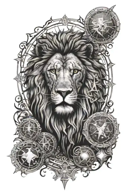 lion roaring with the moon phases  going down the middle with dot work around his face with angels carrying crosses tattoo design idea