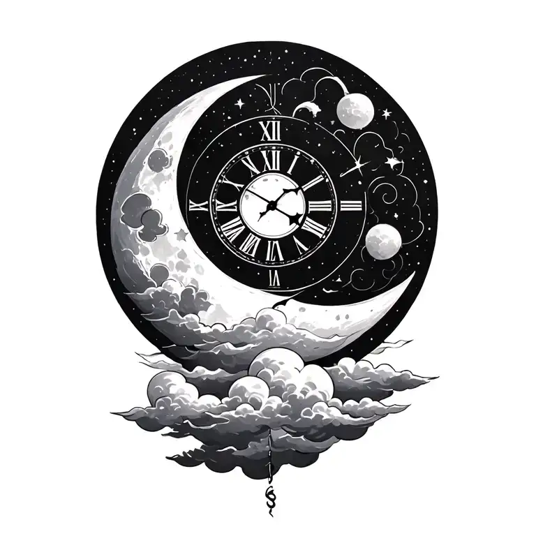 moon clouds and clock face tattoo design idea