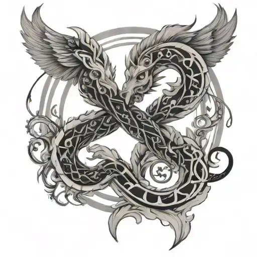 gemini zodiac sign, jormungand nordic mythology tattoo design idea