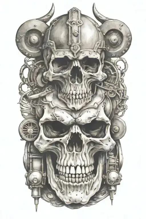 viking skull with a train and harley davidson in the background  tattoo design idea