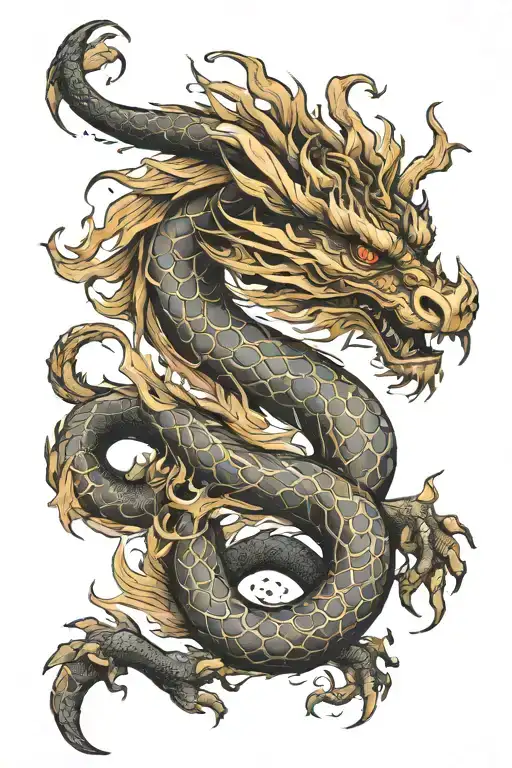 Chinese wood dragon wrapped around arm with single head placed on anterior shoulder with elements of strength, wisdom  tattoo design idea