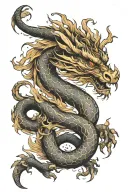 Chinese wood dragon wrapped around arm with single head placed on anterior shoulder with elements of strength, wisdom  tattoo design idea