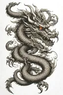 Chinese wood dragon wrapped around arm with single head placed on anterior shoulder with elements of strength, wisdom  tattoo design idea