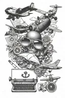 cards, typewriter, navy plane, aviator glasses tattoo design idea