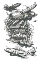 cards, typewriter, navy plane, aviator glasses tattoo design idea