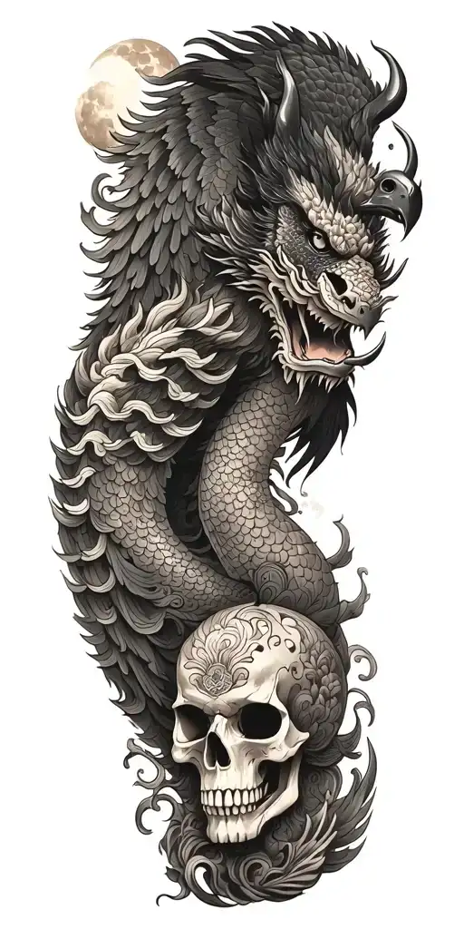 Chinese dragon and phoenix and skull and moon and raven tattoo design idea