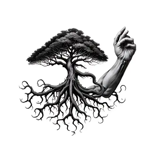 tree on bicep middle and roots coming on forearm like tentacles tattoo design idea