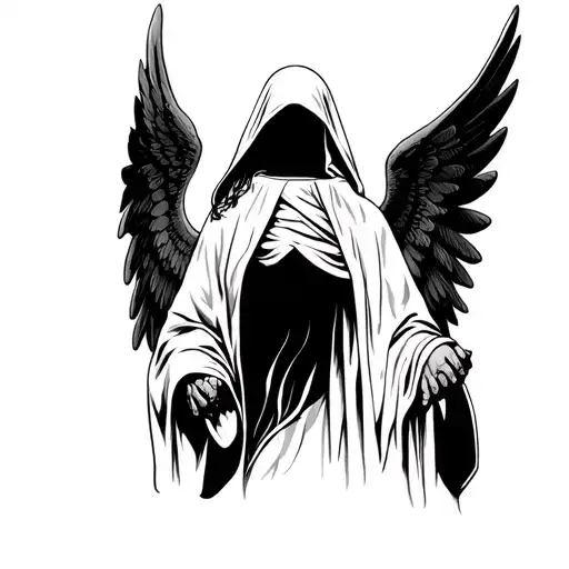 person in monks hood, angel in the background, symbolism of healing, recovery, new beginning, bright future, scars tattoo design idea