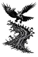 two ravins flying over a burning forest tattoo design idea