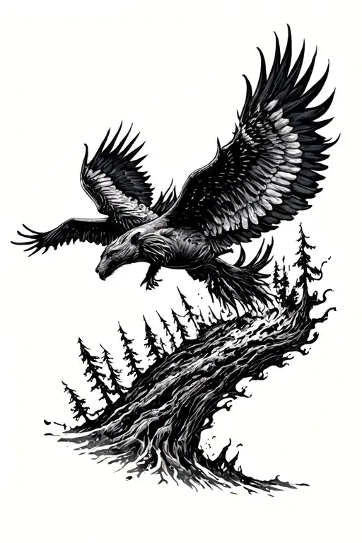 two ravins flying over a burning forest tattoo design idea