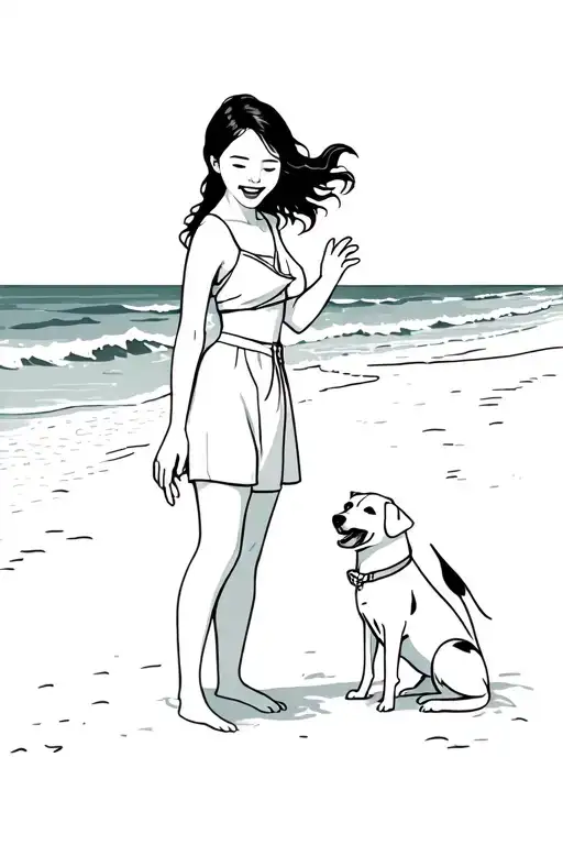 cute asian woman holding dog playing and laughing at the beach tattoo design idea