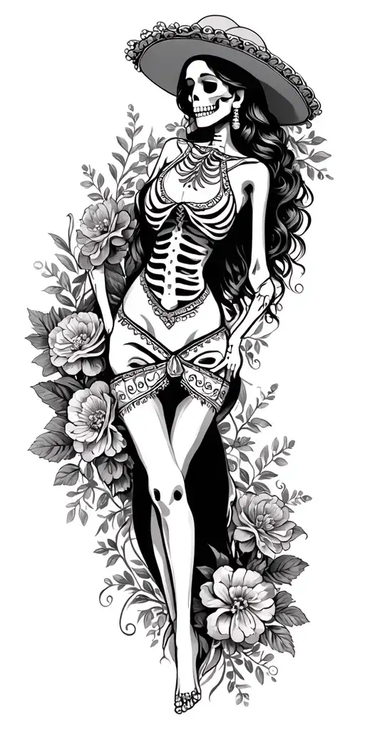 Mexican woman skeleton in Mexican dress with carnations surrounded with filigree  tattoo design idea
