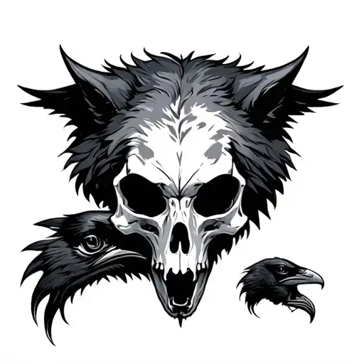Wolf and raven skull adorned tattoo design idea