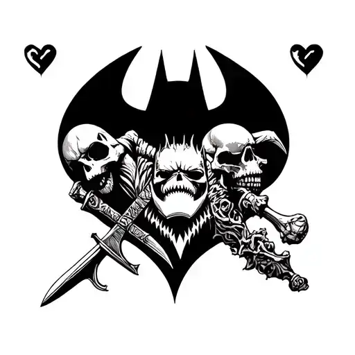 Batman symbol, great white sharks, skulls or skeletons or bones, dark hearts, a samurai sword  tattoo design idea