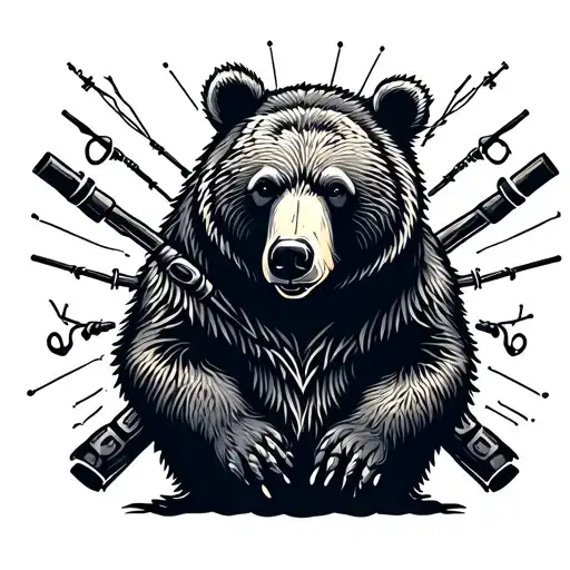 A dotwork tattoo of a bear silhouette with a background of crossed fishing rods and electrical bolts tattoo design idea