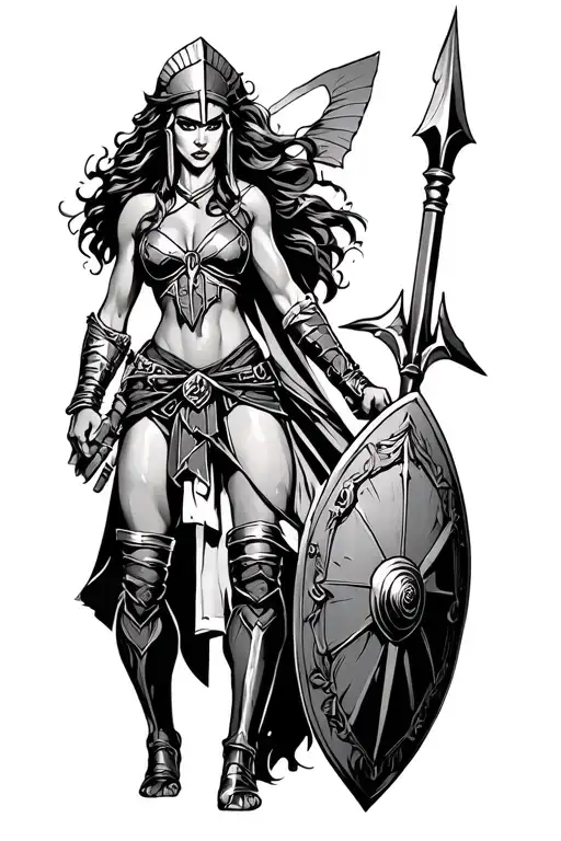 ares as a female spartan with spear and shield adorned tattoo design idea