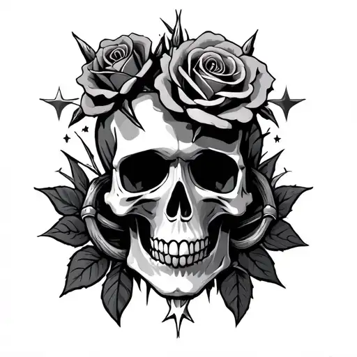 skull, roses with thorns, y2k style, small stars  tattoo design idea