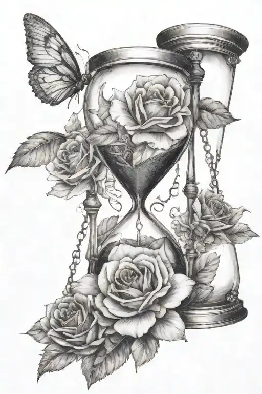 an hourglass being stopped by a flower tattoo design idea