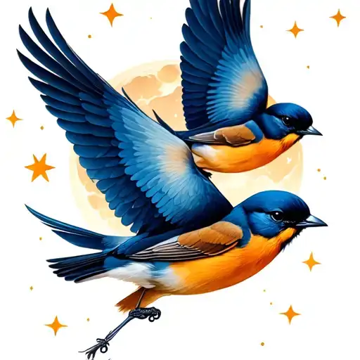 3 little birds flying to the night sky with stars and moon tattoo design idea