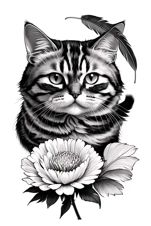 feather, one persian cat, one striped cat, carnation flower, japanese theme tattoo design idea