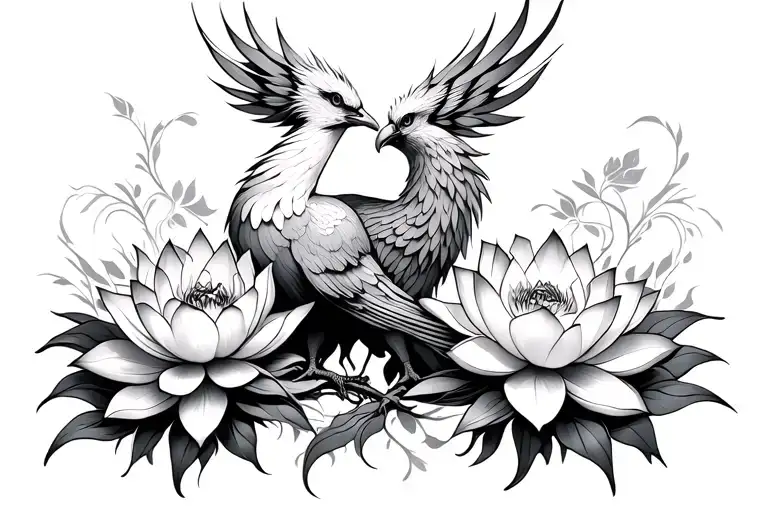 phoenix and lotus flowers tattoo design idea