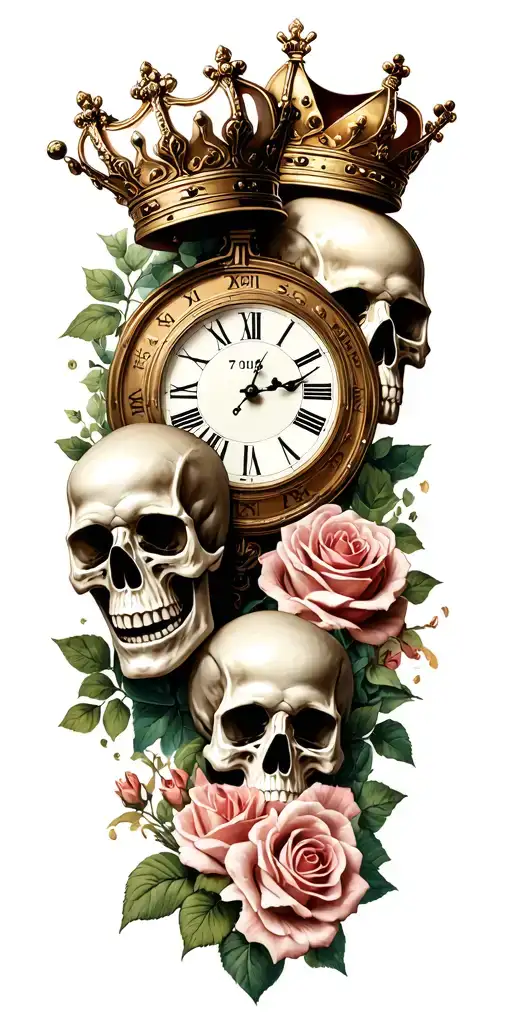 Roman numeral clock set to 7:07, two skulls wearing crowns, roses tattoo design idea