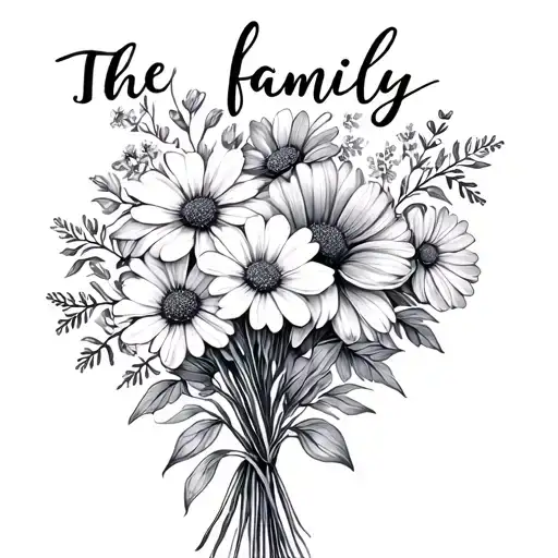 "The word family as the stems" make me a bouquet of flowers with the december, july, june, march, 2 September, and 2 august birth flowers  tattoo design idea