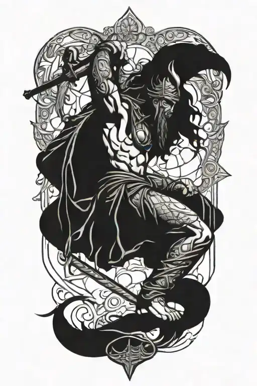 An intricate blackwork tattoo of a warrior of god battling injustice on a scale, symbolizing the constant struggle for justice in the business world tattoo design idea