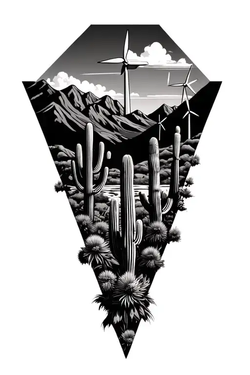 Inside of 3 staggered triangles put palm springs mountains with windmills and cactus tattoo design idea