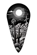 Inside of 3 staggered triangles put palm springs mountains with windmills and cactus tattoo design idea