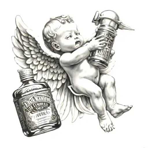 A baby angel flying holding a bottle of Jack Daniels tattoo design idea