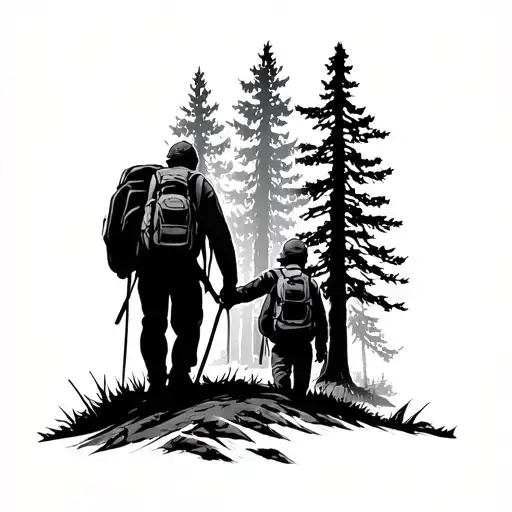 A silhouette of a dad and son hiking in the woods surrounded tattoo design idea