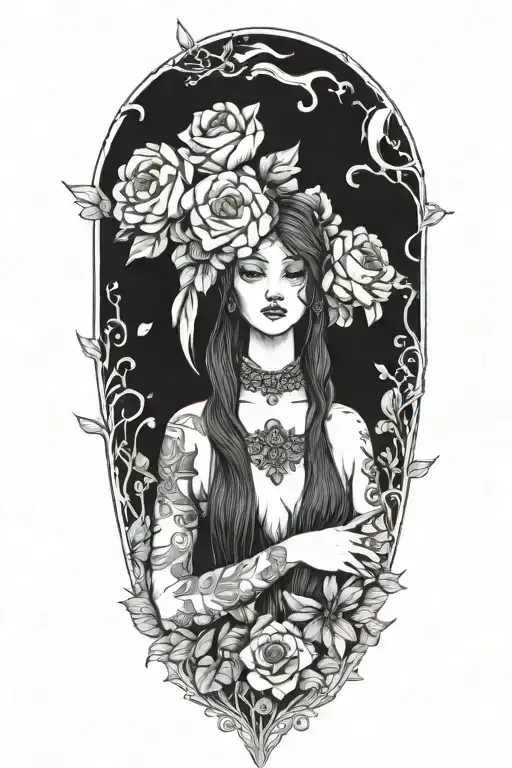 fortuna goddess holding a bouquet tattoo design idea