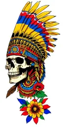 aztec warrior, skull, colourful flowers, colombia flag and union jack flag as backdrop tattoo design idea
