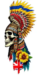 aztec warrior, skull, colourful flowers, colombia flag and union jack flag as backdrop tattoo design idea