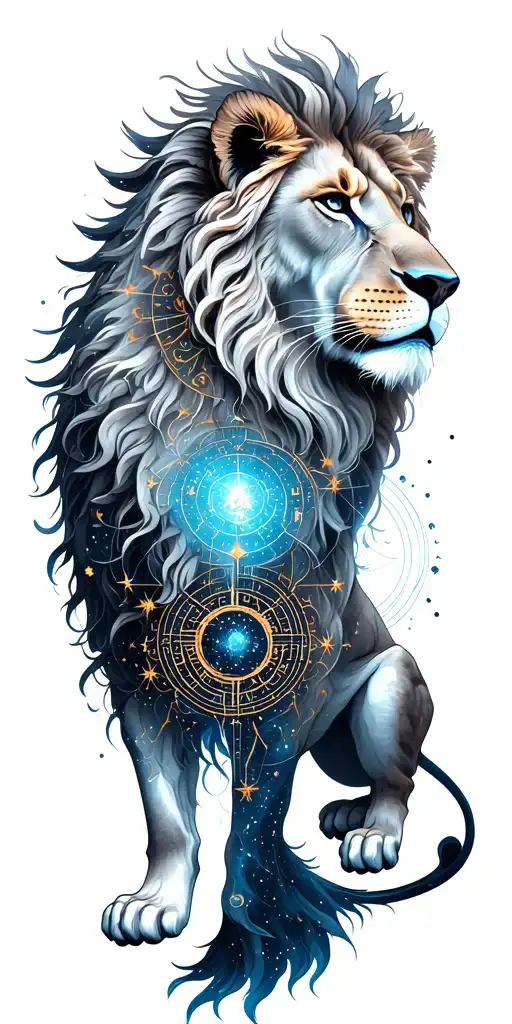 lion, astrology, angels, demons, star chart, universe geometry, element harmonics, perseverance expressions tattoo design idea