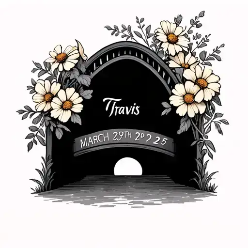 Arch Bridge with wildflowers intertwined with Travis name on the bridge with March 29th 2025 tattoo design idea tattoo design idea